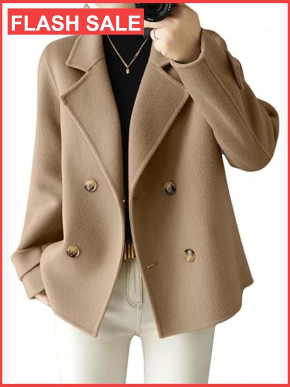 Double Breasted Pea Coat Notch Lapel Wool Blend Blazer